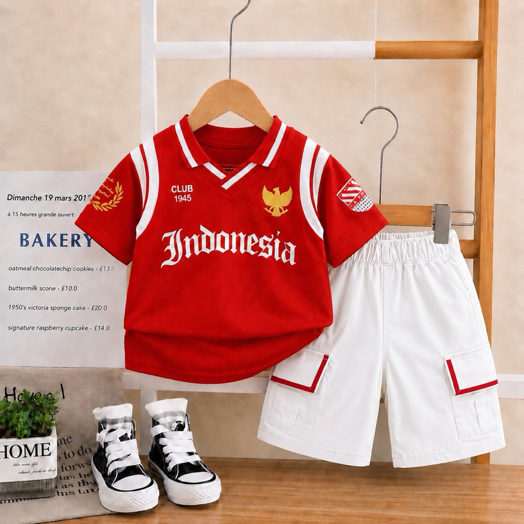 Setelan Anak Laki-Laki Indonesia Merah Putih Baju Timnas Kids Kaos Kerah Celana Pendek Cargo Baju Anak 17 Agustus Kekinian Usia 1-5 Tahun