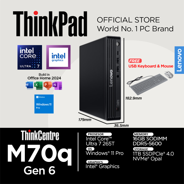 Lenovo ThinkCentre M70q Gen 6 Intel Core Ultra 7 265T 16GB 1TB Windows 11 Pro Mini PC Desktop 48IF