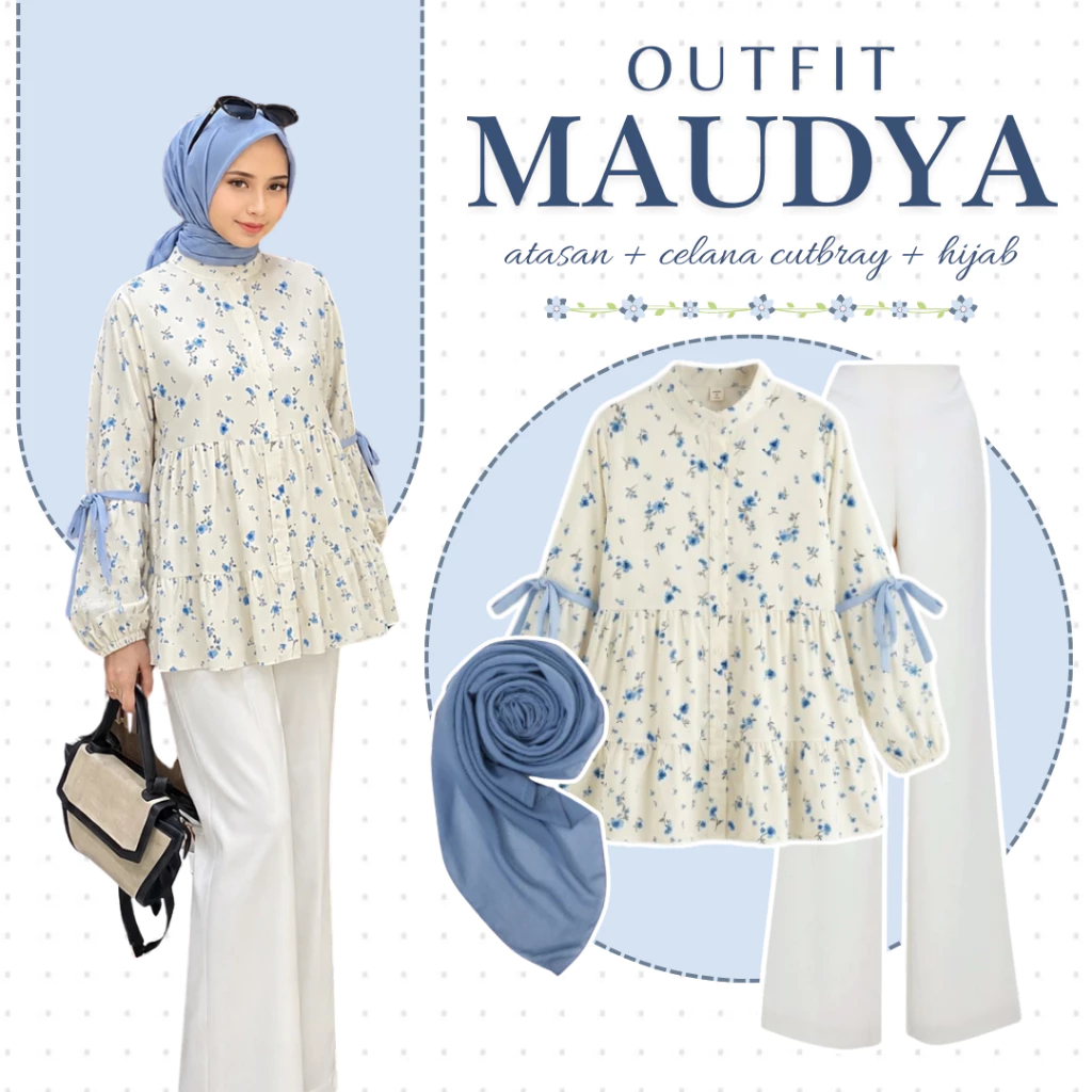 Setelan Wanita Casual Kekinian Blouse Floral Lengan Panjang + Celana Cutbray + Hijab – One Set Hijab Oversize Nyaman – FS41 - foto 1