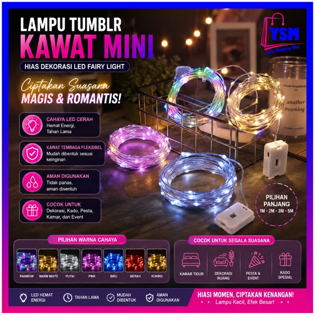 YSM Lampu Tumblr Kawat Mini 1 Meter Lampu Hias Dekorasi Gift Box Bucket Balon Fairy Light Led Murah