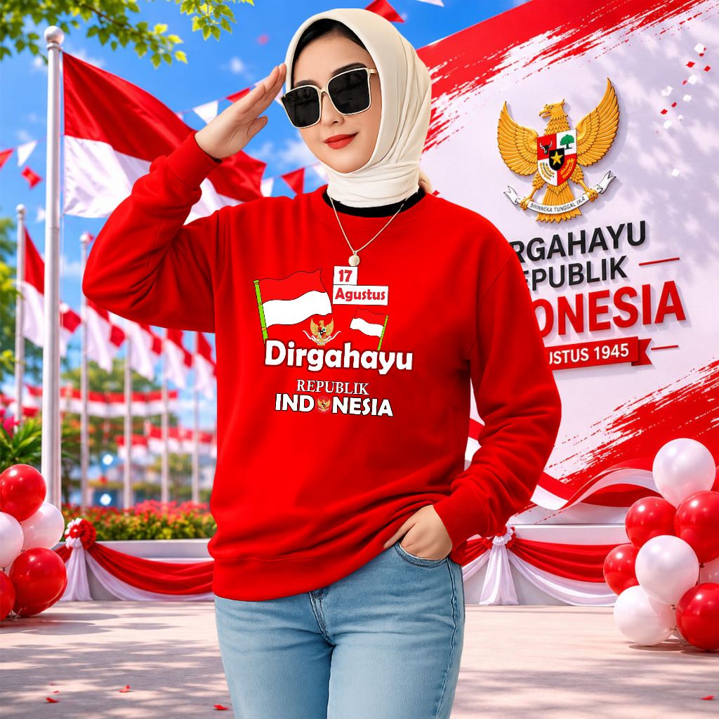 Baju Kaos Lengan Panjang Wanita Dewasa17 Agustus 2026 Edisi Hut RI 81 Merah Putih