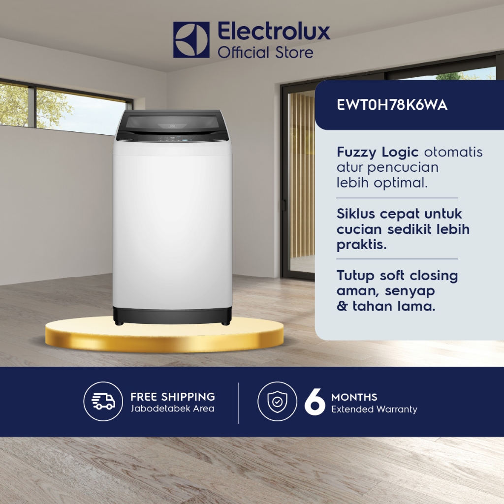 Electrolux Mesin Cuci Top Loading  10.5kg - Tub Clean - Low Watt - Mengurangi Kusutan - Cuci Cepat 20 Menit - Garansi  10 Tahun Motor - EWT0H78K6WA