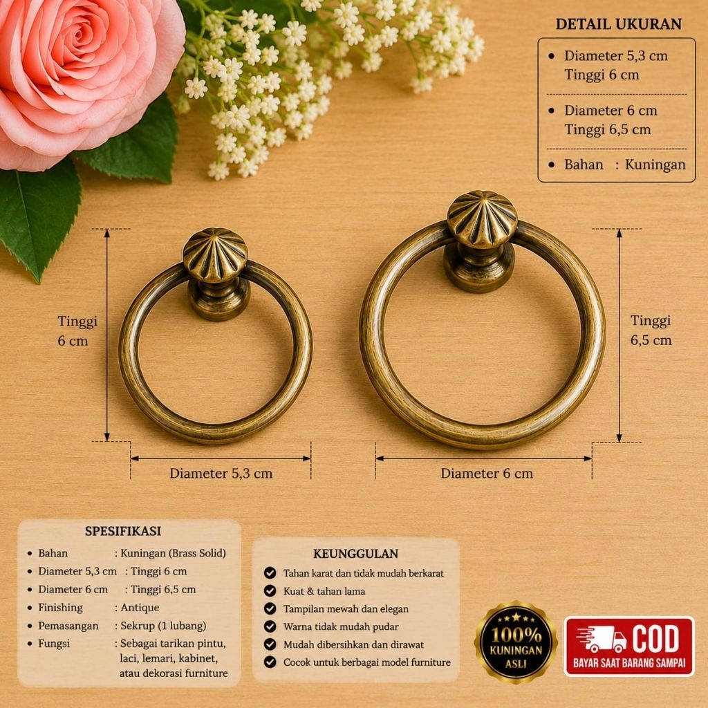 Handle Pintu / Tarikan Pintu Rumah Gebyok Pagar Kuningan Antik 6 cm