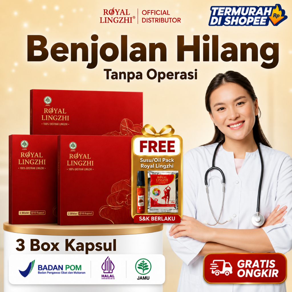 Royal Lingzhi Kapsul 3 Box Herbal Obat Benjolan Lipoma Ekstrak Jamur Lingzhi 500 mg Herbal Benjolan Leher Tiroid Tumor Kanker Payudara