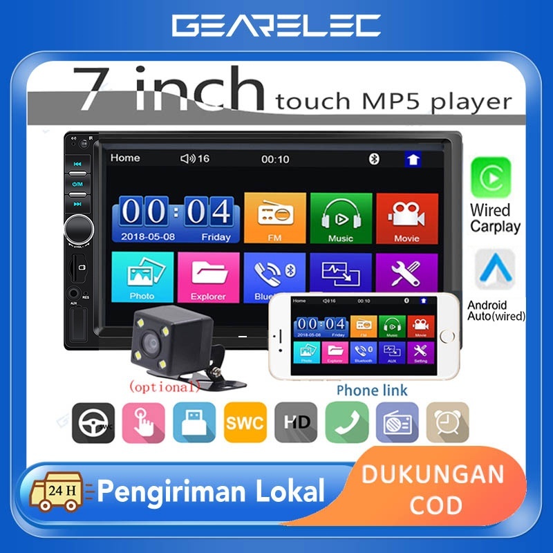 GEARELEC 2din Radio Mobil 7 Inch Stereo Mobil LCD Layar Sentuh MP5 Player Bluetooth USB TF AUX-In Head Unit carplay