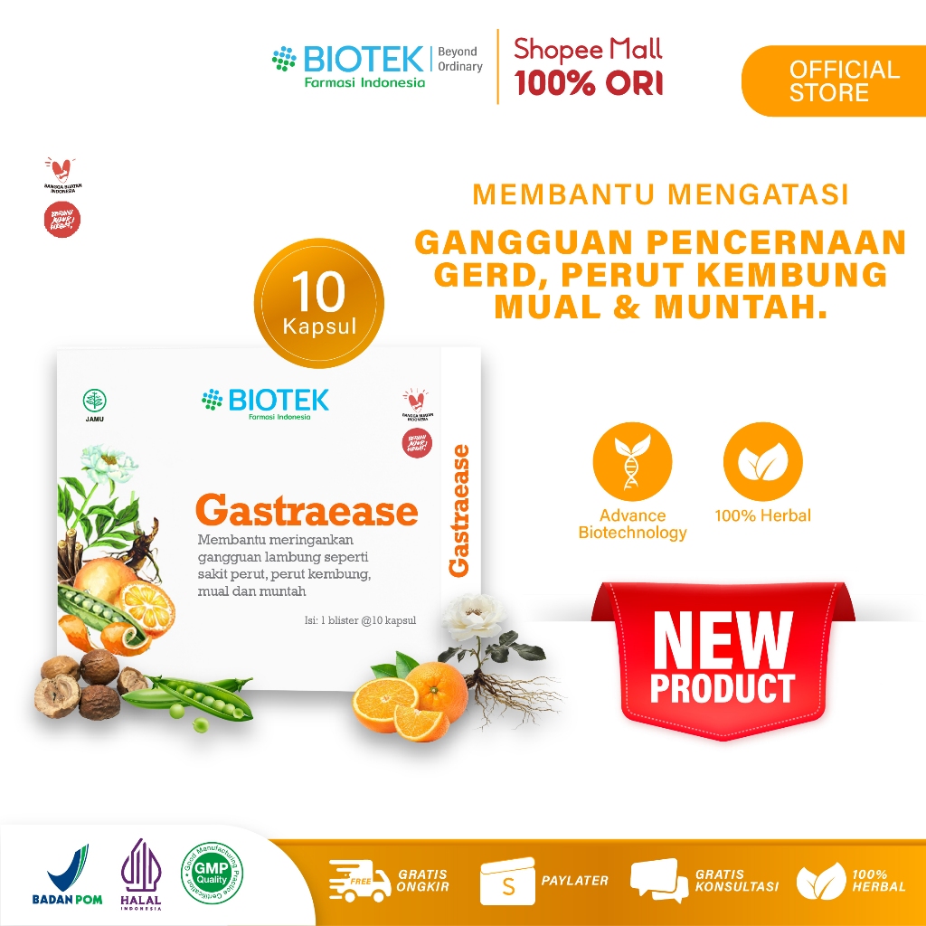Biotek Farmasi Indonesia - Gastraease 10 Kapsul - Gangguan Pencernaan - Gerd - Gastritis - Asam Lambung Naik - Maag - Perut Kembung - Suplemen Herbal Lambung