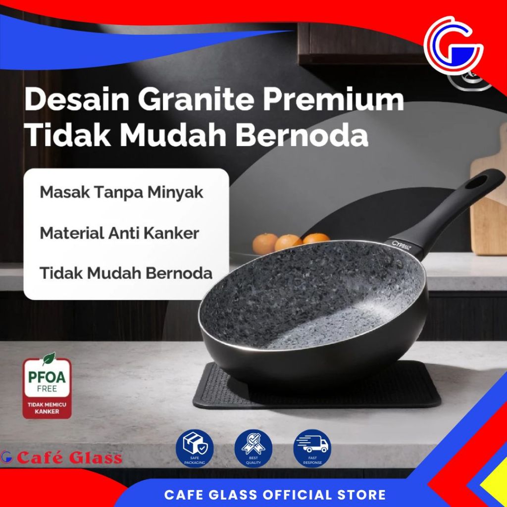 Wajan Fry Wok Anti Lengket Cypruz Grey Featherlight - Wajan Penggorengan Anti Lengket Premium Black Featherlight Series