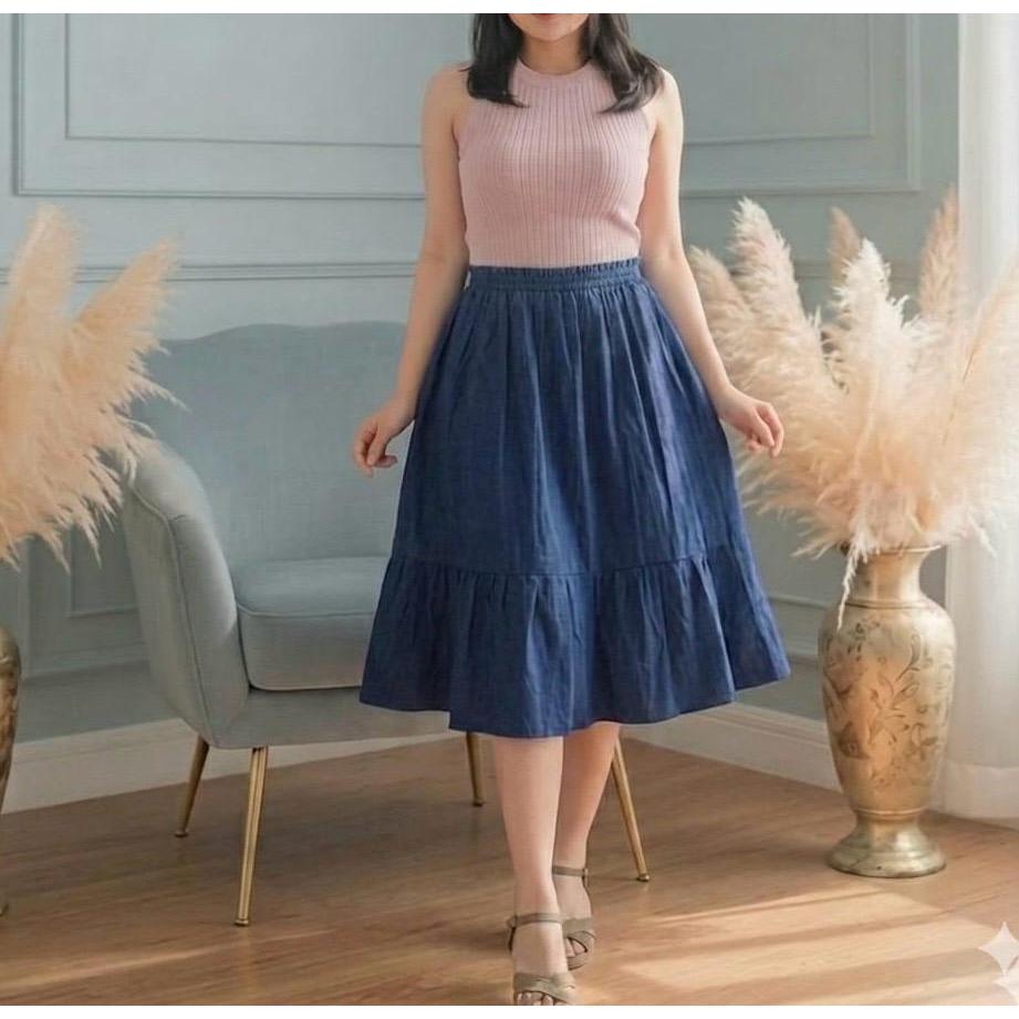 Ruffle Midie Rok Jeans Canda 7/8 Skirt Basic Wanita Mayung Tebal Nyaman