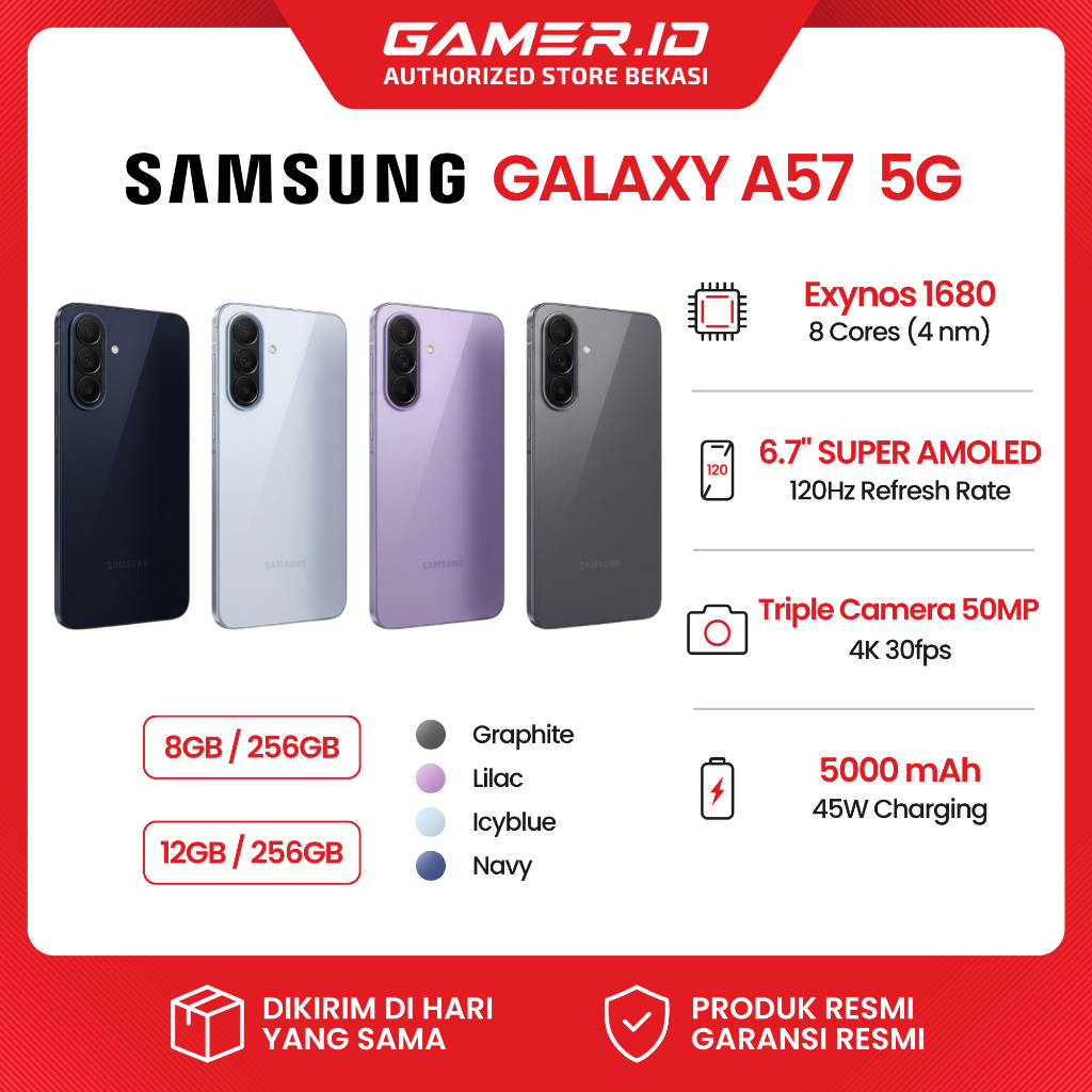 SAMSUNG GALAXY A57 5G EXYNOS 1680 RAM 8/12GB STORAGE 128/256GB SUPER AMOLED+ NFC 120HZ GARANSI RESMI