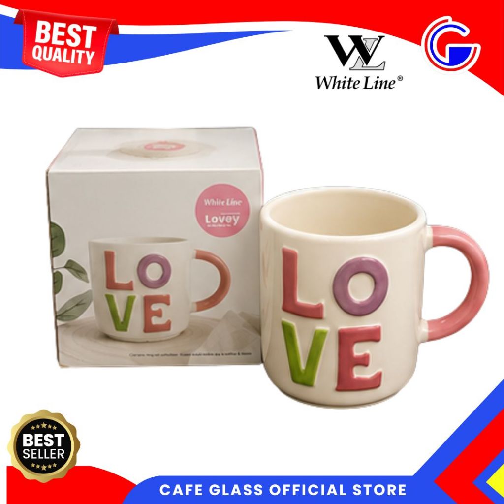 Mug Keramik 300 Ml Motif Love Embos - Mug Lovey Korean Aesthetic White Line - Mug Gift Box Hampers