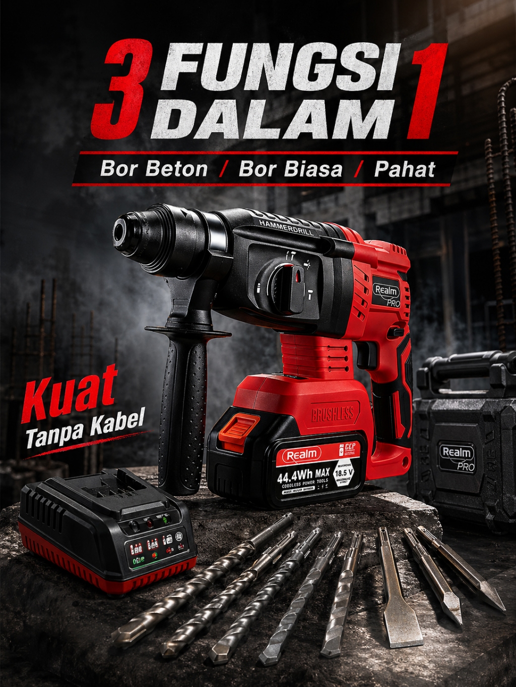 Jual REAIM 3 Fungsi Hammer Drill Brushless Cordless Rotary Hammer ...