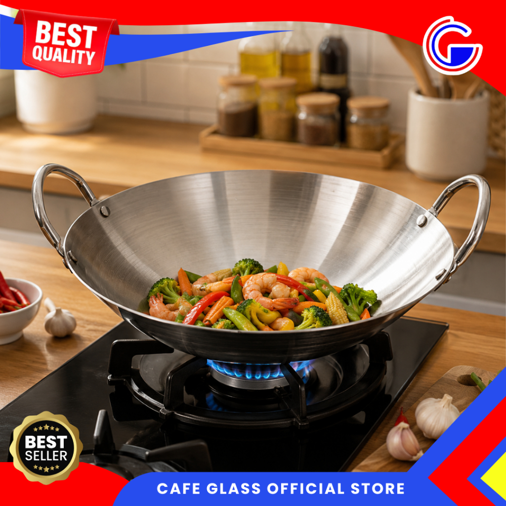 Wajan Kuali Stainless Steel 2 Pegangan - Wok Penggorengan Serbaguna Anti Karat 30cm-40cm - Chinese Wok Import Dapur dan Restoran
