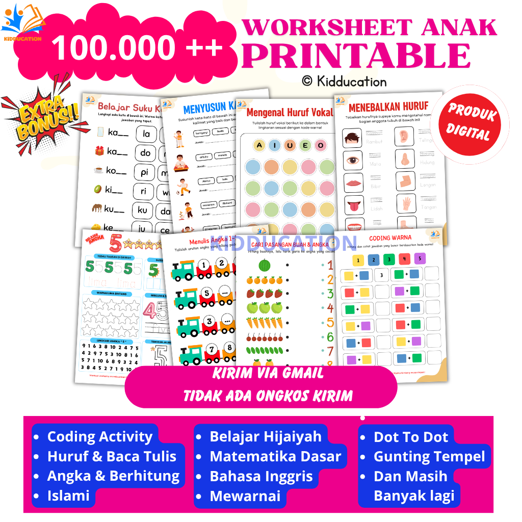 Jual 100.000++ Lembar Worksheet Anak Printable PDF PAUD PG TK SD Baca ...