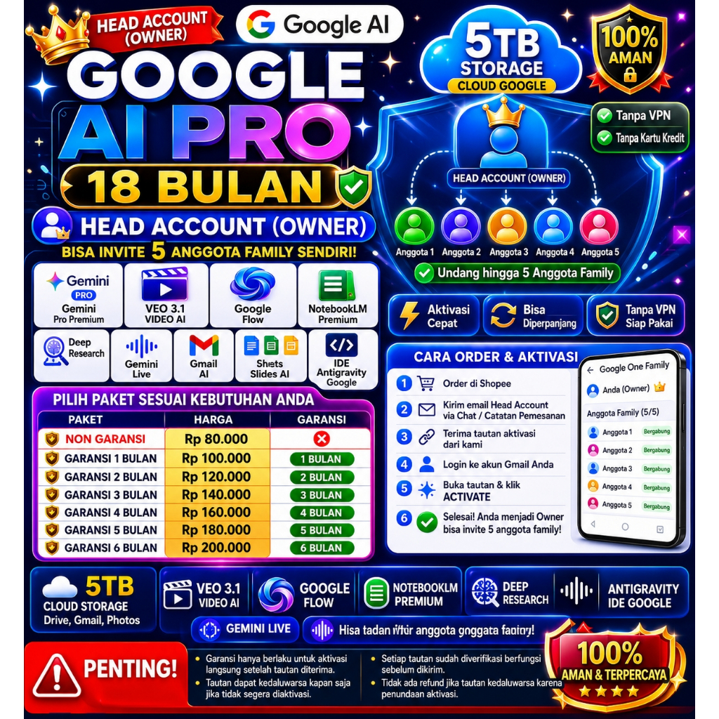 Google AI Pro 18 Bulan Head Account | Owner Family | Invite 5 Anggota | Gemini Pro | Veo 3.1 | Google Flow | 5TB Storage