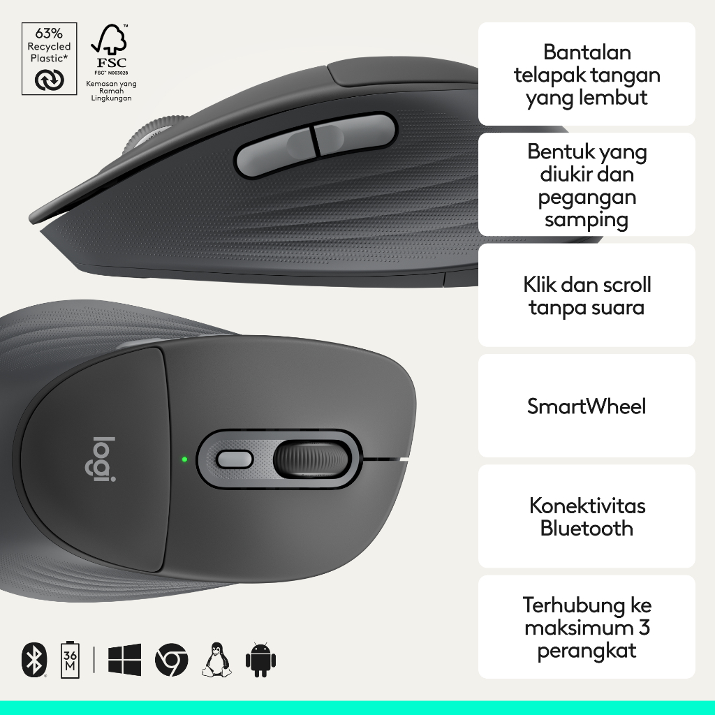 Logitech Signature Comfort Plus M850 L Wireless Mouse, Mouse Bluetooth dengan Bantalan Telapak Tangan, Klik Senyap, Baterai 24 Bulan, Tombol yang Dapa (3)