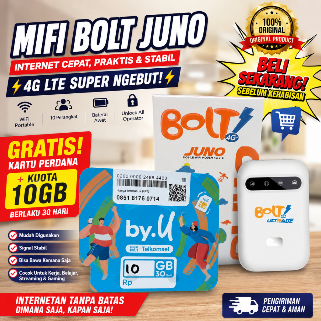 (UNIT BARU ) Modem MiFi Bolt Juno 4G LTE WiFi Portable Unlock All Operator Gratis Kartu Perdana Seumur hidup Kuota 10GB