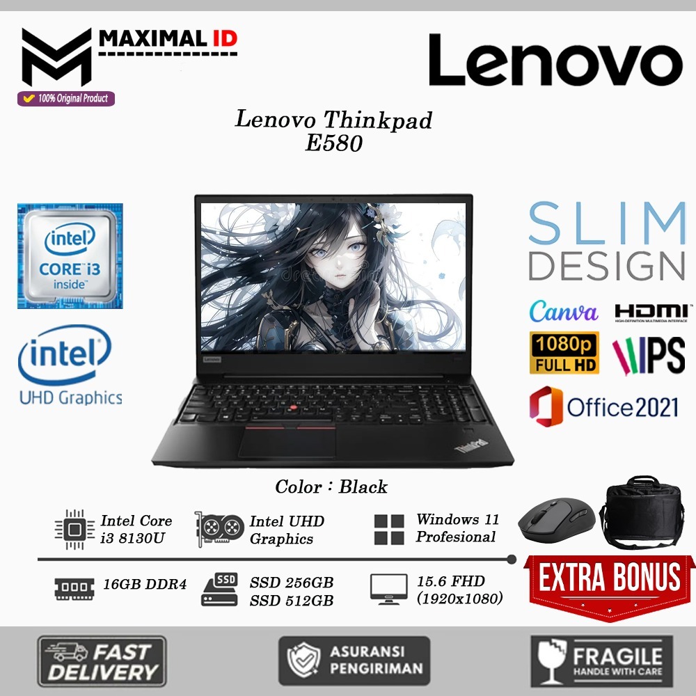 Jual Laptop Lenovo Thinkpad E580 intel Core i3 Gen 8th 16GB 512GB