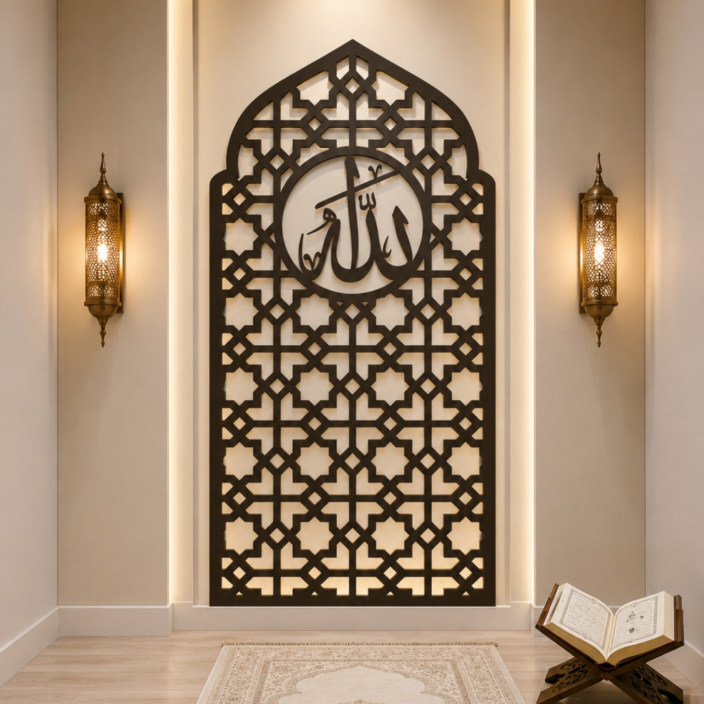 mihrab mushola rumah minimalis dekorasi dinding kaligrafi
