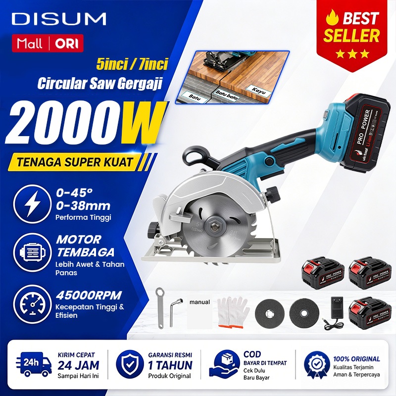 VICTOOL Mesin Gergaji Circular Saw 5Inci/7Inci Mini Gergaji 2000W 45000RPM Cordless Motor Tembaga Gergaji Potong Listrik LTX Baterai