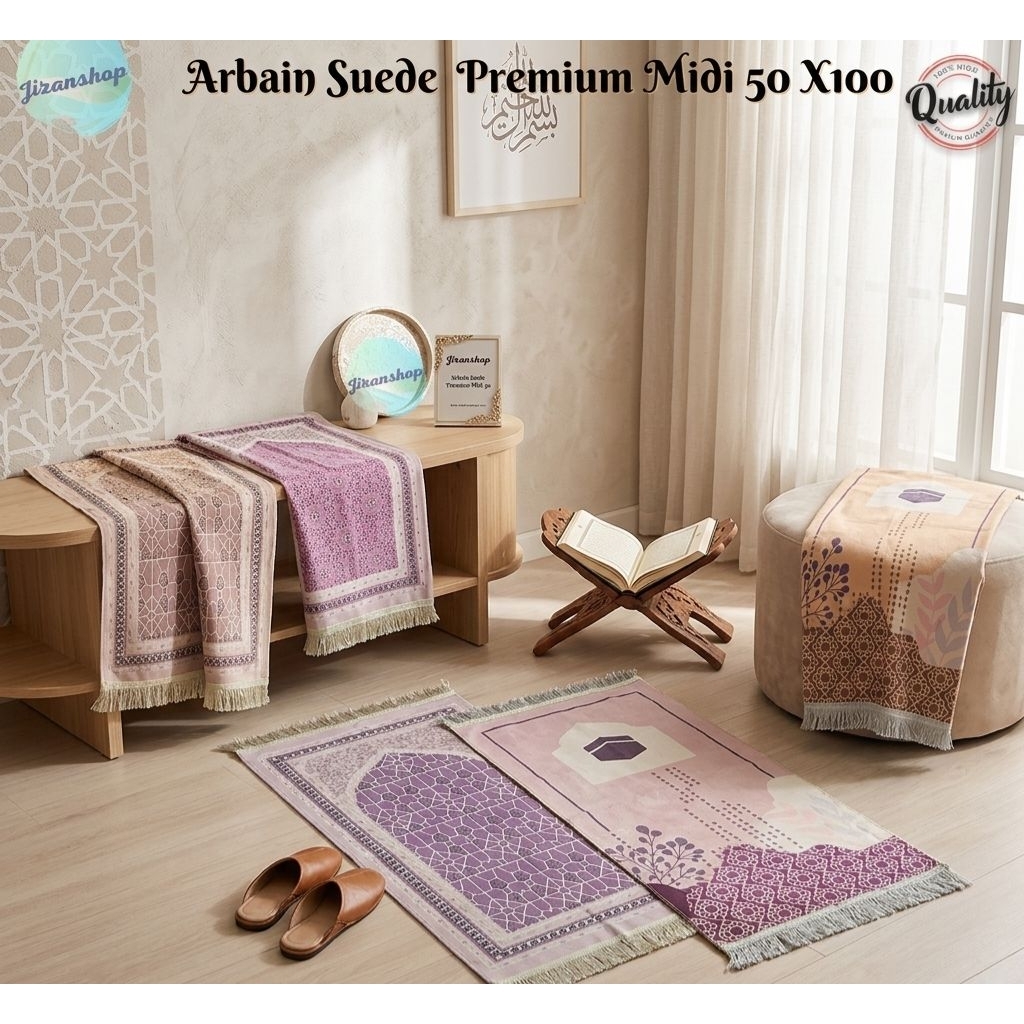Sajadah Arbain Suede Midi Medium Ukuran 50 X 100 CM Bahan Suede Premium Halus Lembut Anti Slip Motif Yakar Rawdah Abu dabi Kabah Masjid Printing Fashion Muslim Perlengkapan Sholat Souvenir Hantaran Pernikahan Traveling Oleh oleh Umroh Haji