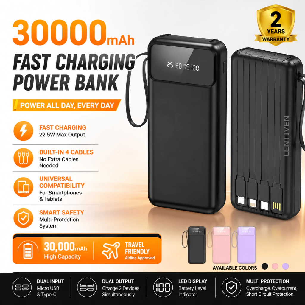 LIANGWE LENTIVEN 30000mAh Powerbank Mini Fast Charging With 4 Kabel Data Lightning & Type C For Iphone/Android BH356 - foto 1