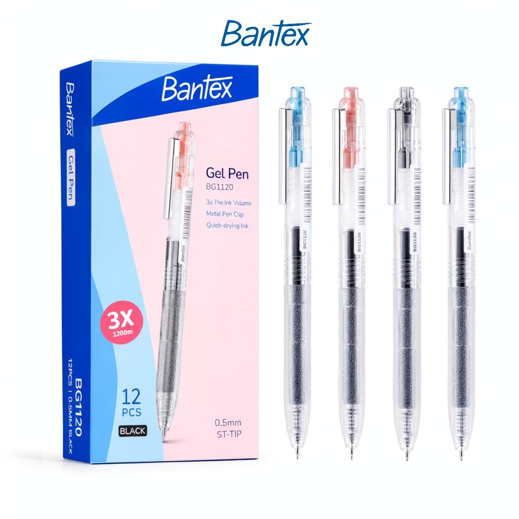 Bantex Gel Pen / Pena Sekolah 0.5 mm Tipe ST Anti Macet Isi 3X Tinta Cepat Kering BG1120