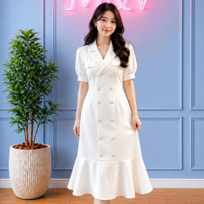 Mvshop 8043 Dres Wanita Elegant Simple Mewah Variasi Kancing Hidup Outfit Korean Style