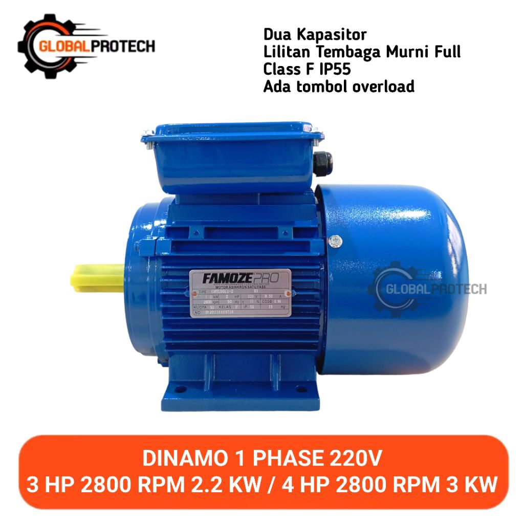 Dinamo 1 Phase 3 HP 2800 RPM 2.2 KW / 4 HP 2800 RPM 3 KW Famoze Pro Tipe GMYL Class F 1 Phase 220V 3 PK / 4 PK Elektro Motor Penggerak Mesin Diesel Kompresor Dua Kapasitor Tembaga Murni Full