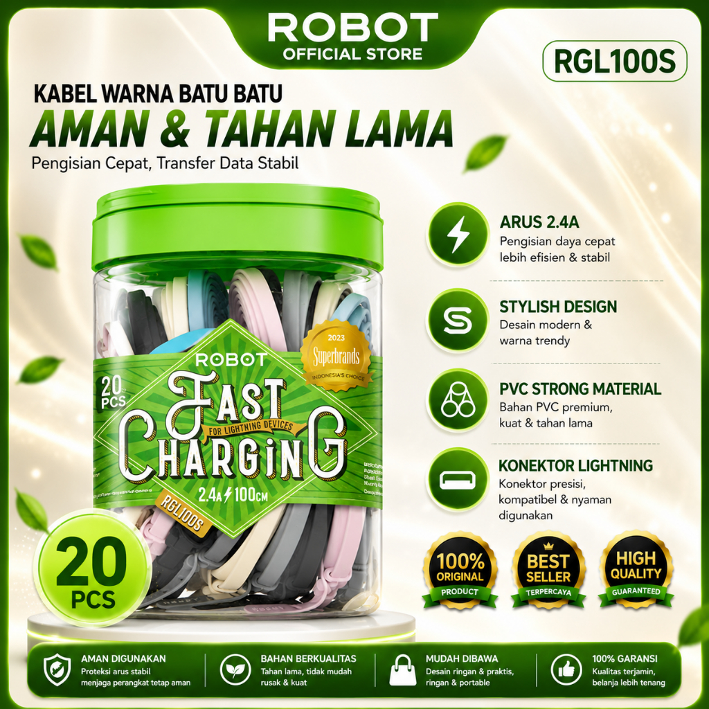 Jual ROBOT RGL100S (1Toples Isi 20 Pcs) Kabel Data Lightning 2,4A 100 ...