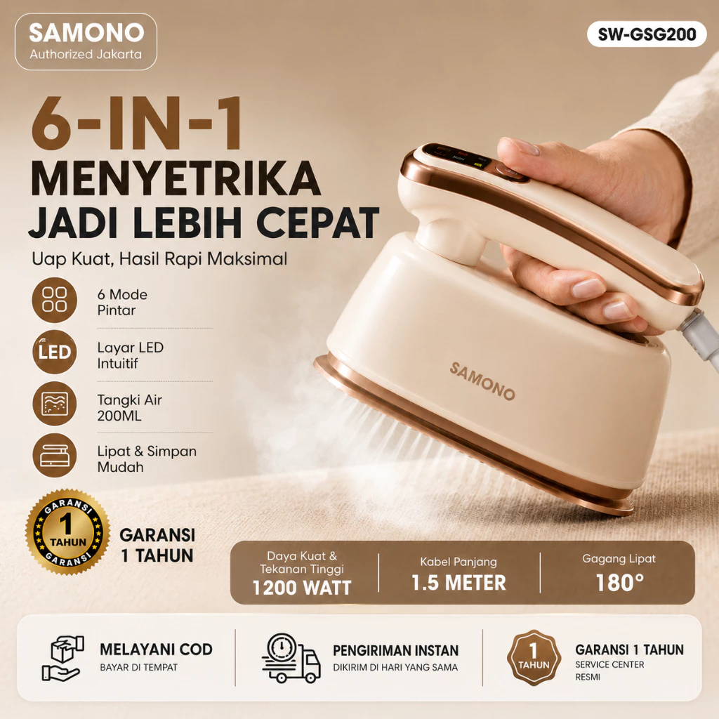 SAMONO Setrika Uap Baju Portable Garment Steamer Lipat Handheld Steam Iron 1200 Watt Setrika Uap Travel Keramik Anti Lengket Layar LED 6 Mode Setrika Tangki Air 200ml Uap Kuat 22g Menit Sterilisasi Pakaian Garansi Resmi GSG200