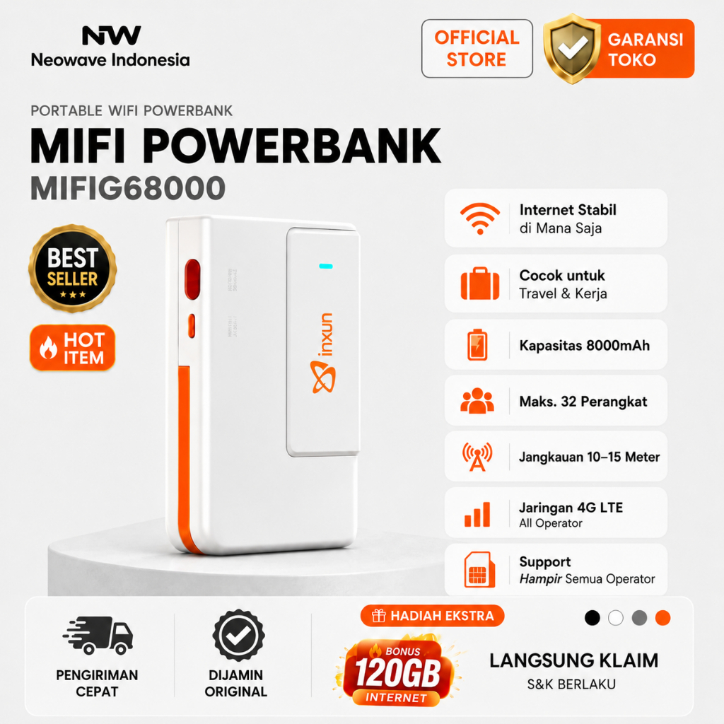 [FREE KUOTA 120GB] Neowave Portable Wifi 2 IN 1 Pocket Modem 4G LTE 300Mbps Unlock Operator Telkomsel By.U Indosat Baterai 8000 mAh Garansi Toko