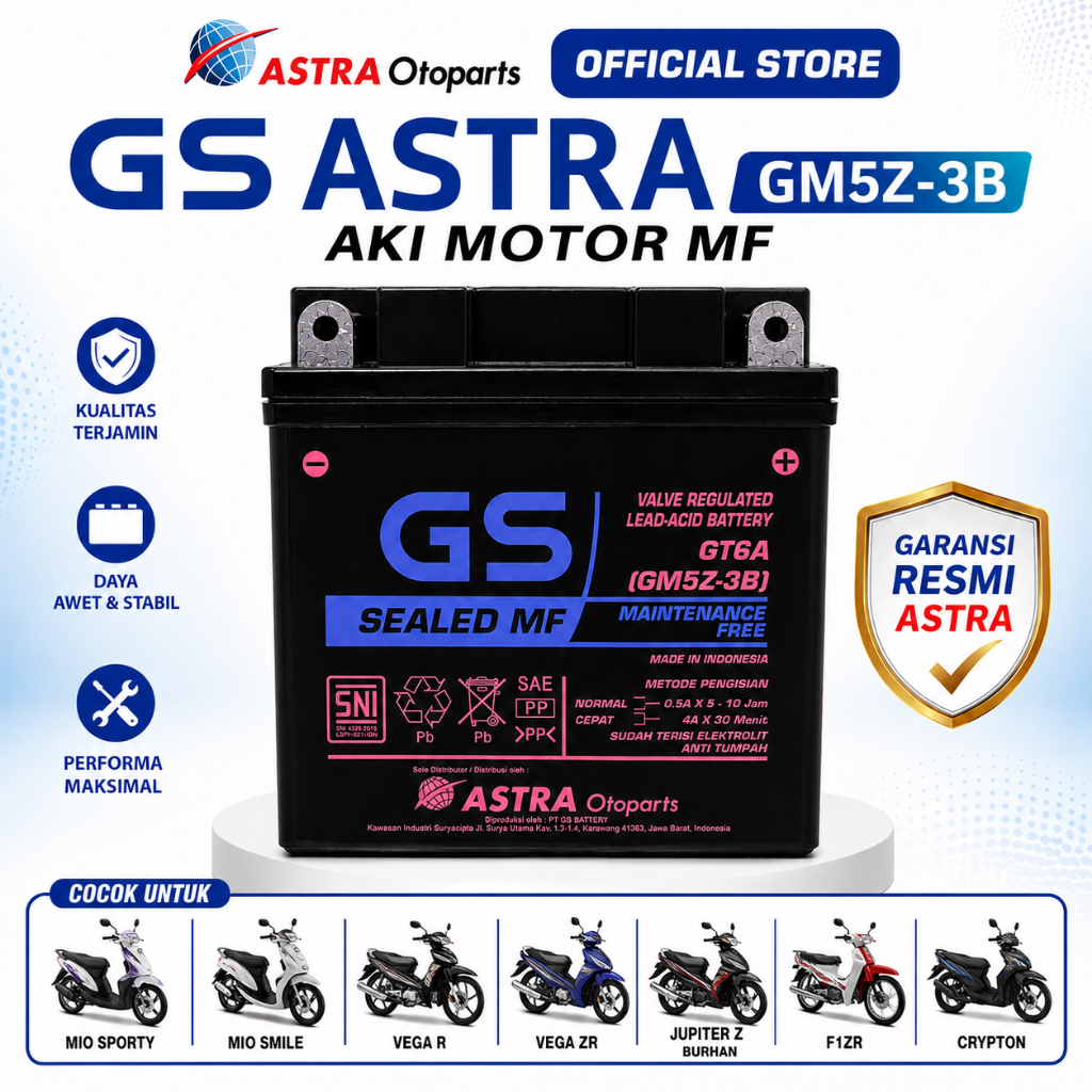 Aki Motor Jupiter Z Lama,Jupiter Z Burhan (Burung Hantu), Vega ZR/R GS Astra GM5Z3B GT6A Accu Kering Original Astra