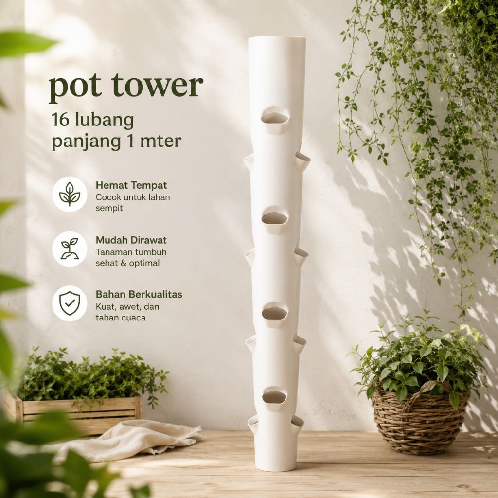 Pot Tower Hidroponik PVC 1 Meter 16 Lubang Tanam | Vertical Garden Premium Diameter 2,5 Inch | Cocok untuk Sayuran, Strawberry, Tanaman Hias & Herbal | Hemat Tempat, Kuat, Awet, Mudah Dipasang | Bisa Custom Jumlah Lubang & Ukuran