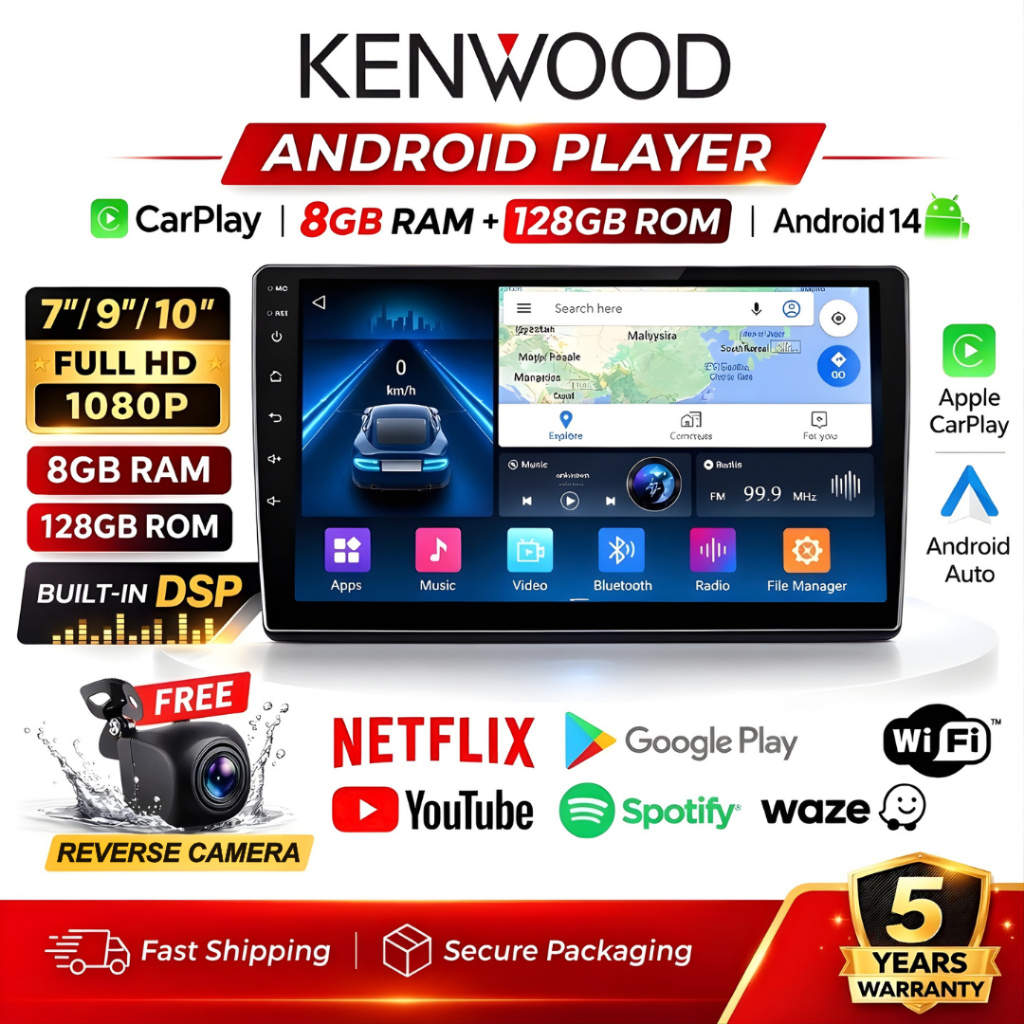 [HOT DEAL] Kenwood Head Unit Android 14 8GB+128GB | Wireless CarPlay & Android Auto | Octa Core FHD | Bluetooth | GPS Navigasi | WiFi | Gratis Kamera Mundur