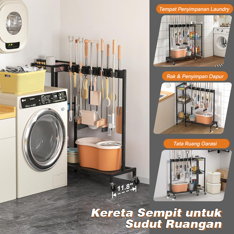 Jual Rak Alat Pembersih Multifungsi dengan Roda - Rak Sapu Pel Dinding ...