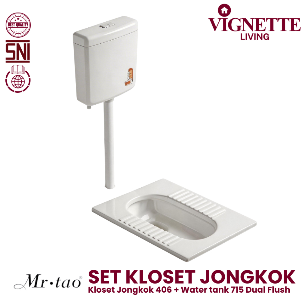 Vignette Living Kloset Jongkok Slim Modern Fullset MR. Tao Compact Size + Watertank Flush Otomatis Hemat Air Jet Shower Premium