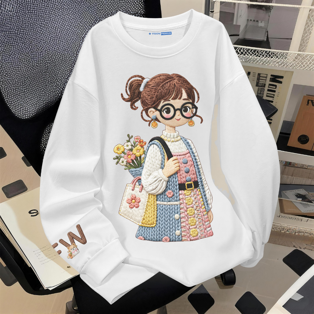 Kaos Digital Printing Lengan Panjang Oversize Unisex Motif Gadis Kacamata Lucu Korean Style Bahan Cotton