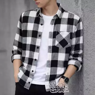 Kemeja Pria Baju Pria Kemeja Flanel Kotak Kemeja Pria Lengan Panjang Putih Kotak Hitam Kotak
