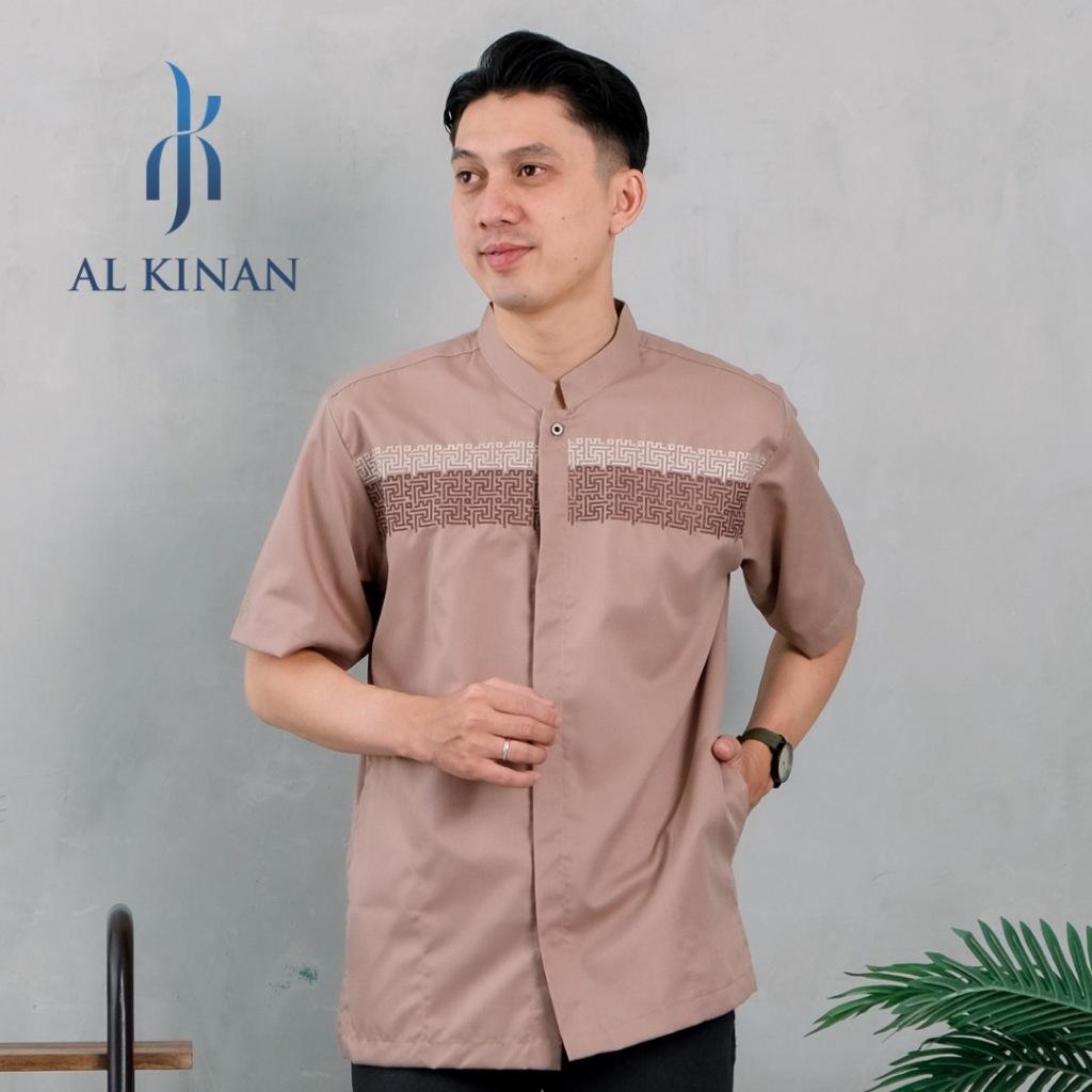 alkinan baju kemeja koko pria muslim lengan pendek katun toyobo motif bordir simpel warna ak071
