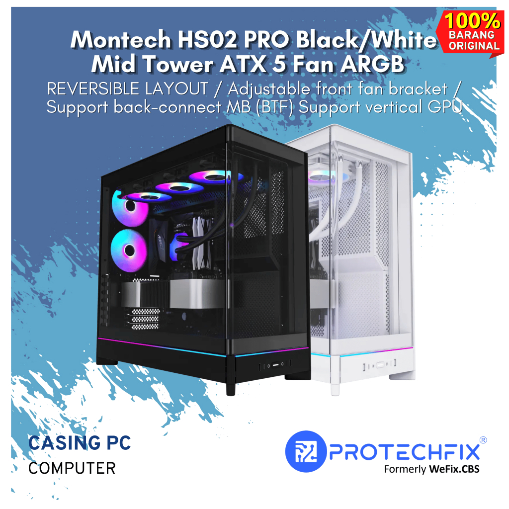 Jual MONTech HS02 PRO Mid-Tower Case 5 PWM ARGB Fans Metal Hitam Putih ...