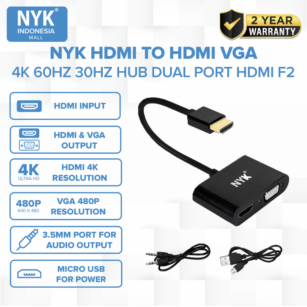 NYK Converter 2 in 1 HDMI to HDMI VGA 4K 60hz 30hz HUB Dual Port HDMI F2 COD HUB bergaransi Docking Station Data transfer Mobile phone macbook android