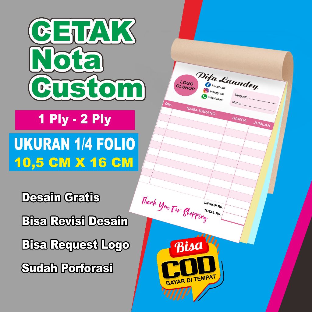 Jual Cetak Nota Custom 1 HARI JADI 1/4 Bisa Satuan GRATIS DESAIN untuk ...