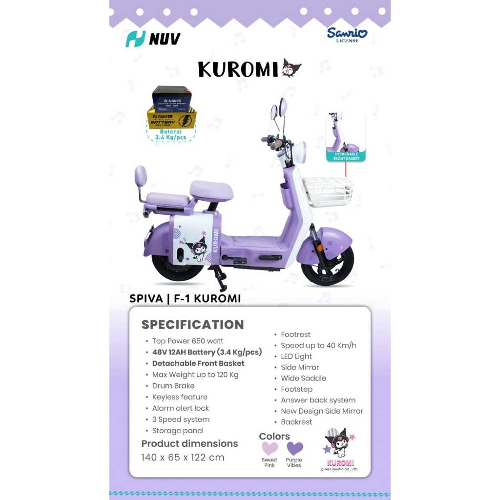 TERBARU sepeda listrik pmb nuv f1 spiva kuromi 48v 12 ah top power 650 watt motif baru