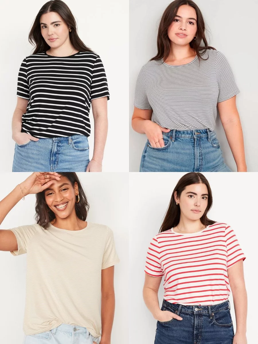 Kaos Lengan Pendek Wanita Bahan Jersey Adem  Luxe Stripe Crew-Neck T-Shirt - OLN-2146