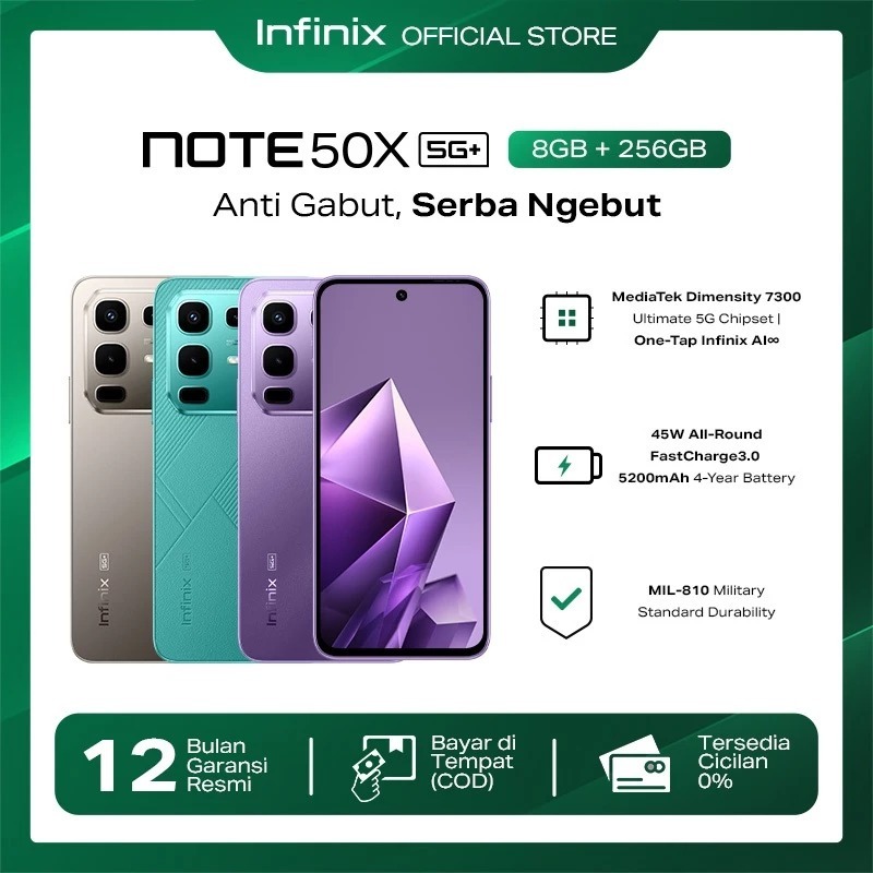 Infinix Note 50X 5G+ 8/256GB - Up to 16GB Extended RAM - Dimensity 7300 Ultimate - 6.67” HD+ - 50MP OIS - 5200 mAh - NFC terlaris