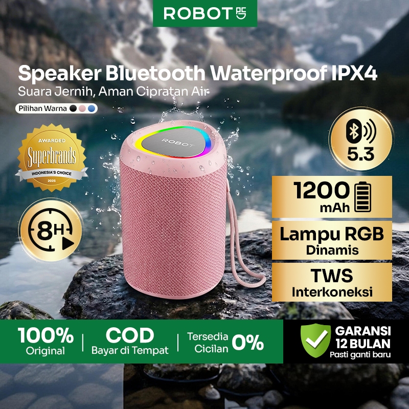 ROBOT Speaker Bluetooth Pink Ultra Bass Tahan 8 Jam Pemutaran Bluetooth 5.3 IPX4 Waterproof Mini Portable Super Bass RGB Light Baterai 1200mAh Tahan Lama Sport Speaker Outdoor Indoor Suara Kencang Jernih Original Garansi Resmi 1 Tahun - RB120 Pink