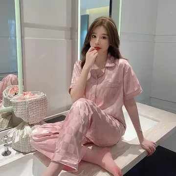 Setelan Lengan Panjang Kotak Satin Premium Piyama Wanita