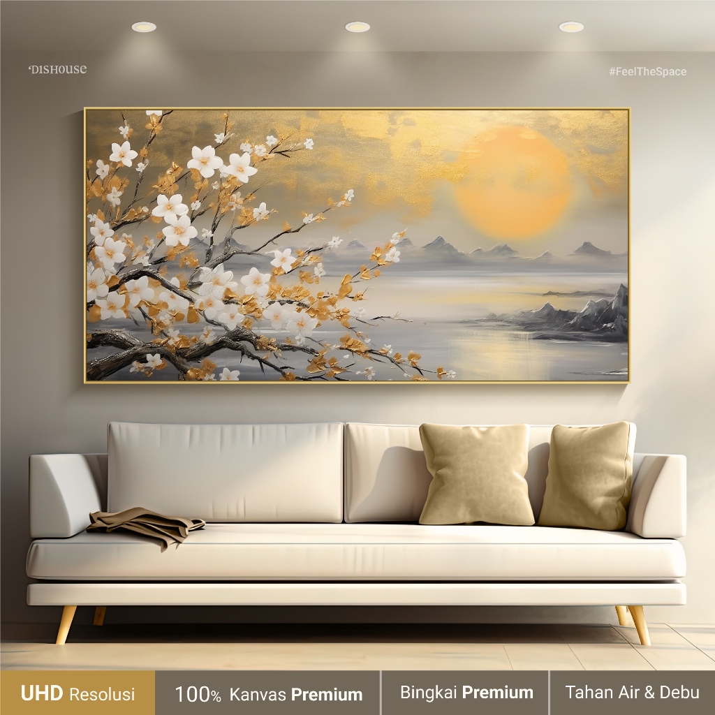 DISHOUSE - 120x60cm Premium Hiasan Dinding Aesthetic Kanvas + Bingkai (Frame) Mewah Elegan 80x40 60x30 Jumbo - Lukisan Pemandangan Alam Besar Modern | Dekorasi Ruang Tamu Minimalis, Kamar Tidur, Ruang Makan, Tangga | Wall Art Decor Hiasan & Pajangan Rumah