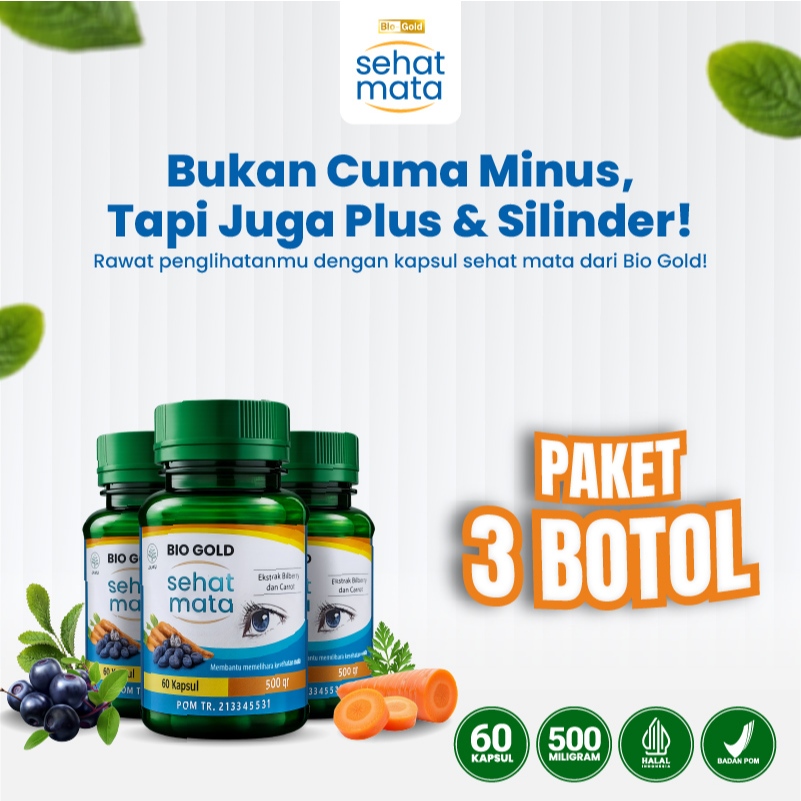 Bio Gold - Paket 3 Botol Kapsul Sehat Mata Ekstrak Billberry, Wortel Mata Buram, Minus, Plus & Silinder BPOM