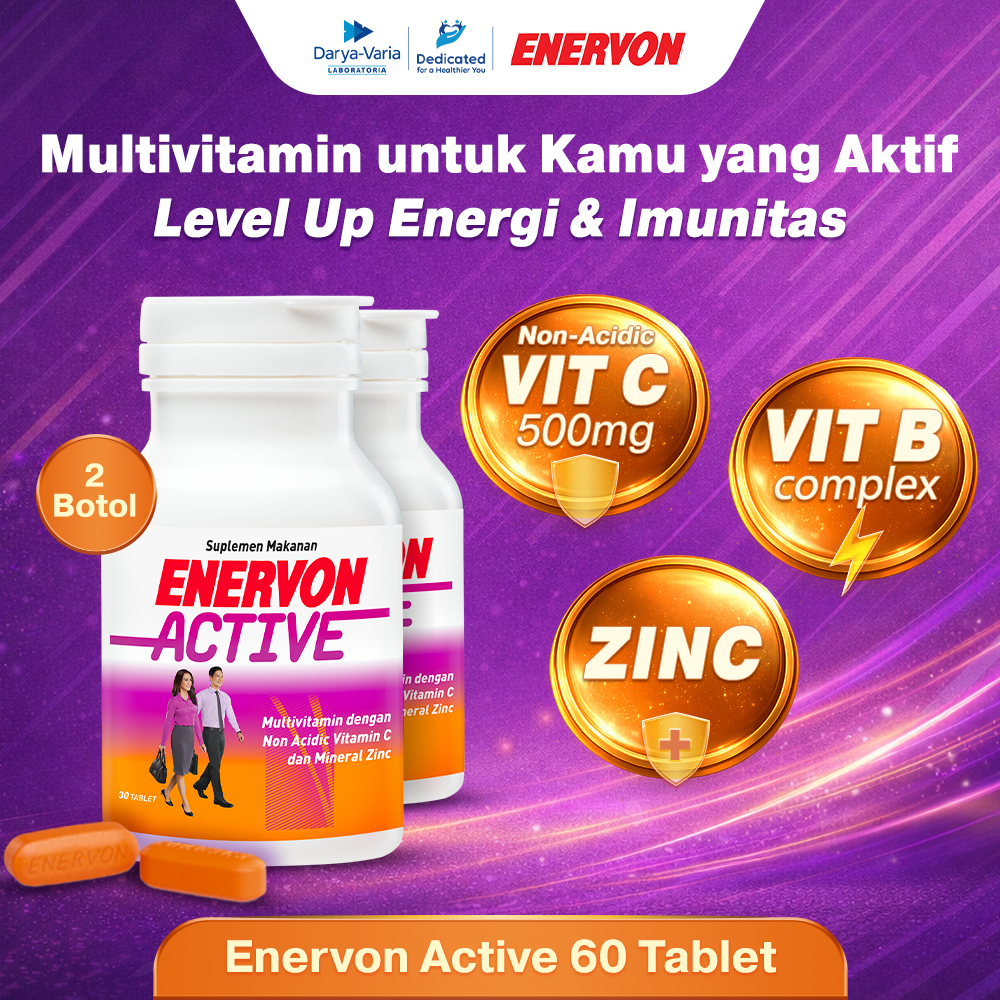 Enervon Active Vitamin C, B Complex, Zinc Isi 60 Tablet (2 Botol x 30 Tablet) - Suplemen Multivitamin & Mineral untuk Produktivitas dan Daya Tahan Tubuh